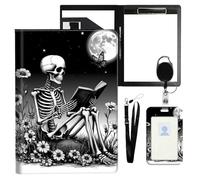 VOGDMKJG Skeleton Under Moon Leather Padfolio Clipboard with ID Badge Holder&Pen Holde&Heavy Duty Clip File Folder,Efficiency Slim Document Organizer for Nursing/School/Office for Women Men