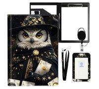 VOGDMKJG Wizard Owl Magic Leather Padfolio Clipboard with ID Badge Holder&Pen Holde&Heavy Duty Clip File Folder,Efficiency Slim Document Organizer for Nursing/School/Office for Women Men