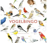 Vogelbingo: Doos met spelbenodigdheden, o.a. 64 kaartjes met vogelillustraties, speelbord, bingokaarten en handleiding.