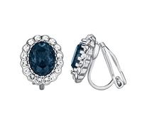 Vogem Blue Clip On Earrings for Women Non Pierced Silver Oval Dark Blue Cubic Zirconia Clip Earrings for Ladies