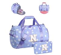Vogewood Gift for Ages 3 4 5 6 7 8 9 10 11 12 Girls Gym Bag Initial Travel Tote with Makeup Bag, Flower-Purple, N