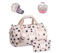 Vogewood Gift for Ages 3 4 5 6 7 8 9 10 11 12 Girls Gym Bag Initial Travel Tote with Makeup Bag, Flower-Beige, W