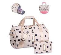 Vogewood Gift for Ages 3 4 5 6 7 8 9 10 11 12 Girls Gym Bag Initial Travel Tote with Makeup Bag, Flower-Beige, I
