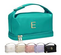 Vogewood Gifts for Women, Personalized Makeup Bag with Handle, Initial Double Layer Cosmetic Bag with Makeup Brush Organizer, PU Leather Travel Toiletry Bag, Gifts for Friends Female Mom, Lake Blue, E