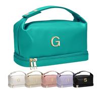 Vogewood Gifts for Women, Personalized Makeup Bag with Handle, Initial Double Layer Cosmetic Bag with Makeup Brush Organizer, PU Leather Travel Toiletry Bag, Gifts for Friends Female Mom, Lake Blue, G
