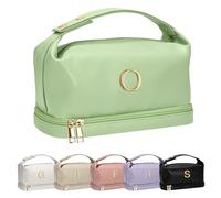 Vogewood Gifts for Women, Personalized Makeup Bag with Handle, Initial Double Layer Cosmetic Bag with Makeup Brush Organizer, PU Leather Travel Toiletry Bag, Gifts for Friends Female Mom, Light Green