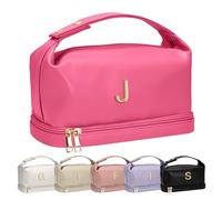 Vogewood Gifts for Women, Personalized Makeup Bag with Handle, Initial Double Layer Cosmetic Bag with Makeup Brush Organizer, PU Leather Travel Toiletry Bag, Gifts for Friends Female Mom, Hot Pink, J