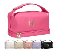 Vogewood Gifts for Women, Personalized Makeup Bag with Handle, Initial Double Layer Cosmetic Bag with Makeup Brush Organizer, PU Leather Travel Toiletry Bag, Gifts for Friends Female Mom, Hot Pink, H