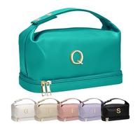 Vogewood Gifts for Women, Personalized Makeup Bag with Handle, Initial Double Layer Cosmetic Bag with Makeup Brush Organizer, PU Leather Travel Toiletry Bag, Gifts for Friends Female Mom, Lake Blue, Q