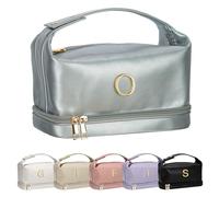 Vogewood Gifts for Women, Personalized Makeup Bag with Handle, Initial Double Layer Cosmetic Bag with Makeup Brush Organizer, PU Leather Travel Toiletry Bag, Gifts for Friends Female Mom, Silver, O