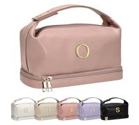 Vogewood Initial Makeup Bag Personalized Bags with Handle, Waterproof Double Layer Cosmetic Bag, Large Capacity PU Leather Makeup Bags Letter Travel Toiletry Bag with Makeup Brush Organizer, Pink, O