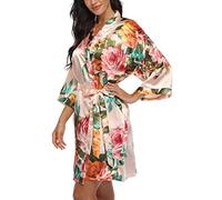 VOGMATE Floral Silk Robes for Women Short Satin Kimono Bride Bridesmaid Robes Bathrobe, Champagne, XL/3XL