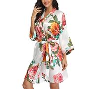 VOGMATE Women's Satin Short Floral Bridesmaids Robes Kimono Robe Dressing Gown for Wedding Party - white - S/L