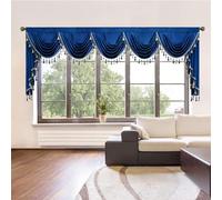 VOGOL Blue Velvet Valance for Kitchen Windows, Soft Touch Waterfall Valance with Luxury Tassels, Solid Window Treatments for Home Office, Rod Pocket, 1 Panel, W138 Inches