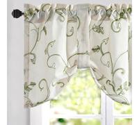 VOGOL Botanical Print Ajustable Window Curtains, Green Leaves Embroidered Pattern, Farmhouse Tie Up Design Valance for Cafe Kitchen Bedroom, 132cm×45cm, 1 Panel