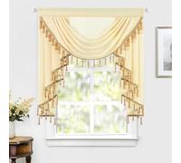 VOGOL Brown Beaded Voile Waterfall Swag, Sheer Short Curtain with Delicate Tassels, Classic Vintage Rod Pocket Window Decor for Living Room Bedroom, W100 x L56, 1 Panel