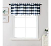 VOGOL Deep Blue Buffalo Check Kitchen Valance, Farmhouse Light Filtering Short Curtains, Linen Look Rod Pocket Easy Care Window Decor for Bedroom Cafe, 132×49 cm, 1 Panel