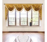 VOGOL Gold Swag Valances for Kitchen Window, Luxury Super Soft Velvet Valance Window Curtain with Bead Tassels, Light Filtering Decorative Curtains for Nursery, 110 Inches Wide, 1 Panel