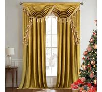 VOGOL Gold Velvet Curtain Panels with Attached Waterfall Valance, 2 Panels Room Darkening Drapes for Living Dining Room, Rod Pocket Top, W59 & W52 x L96