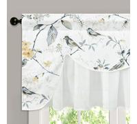 VOGOL Grey Bird Print Window Valance, 52x18 Inch Faux Linen Textured Voile Short Curtains, Farmhouse Dual Layer Rod Pocket Window Treatments for Kitchen Bedroom Living Room, 1 Panel