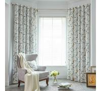 VOGOL Grey Eyelet Curtains 84 Inch Drop, Farmhouse Bird and Flower Print Drapes, Light Filtering Linen Textured Window Decor for Living Room Dining Room Bedroom, 52×84, 1 Panel