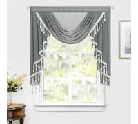 VOGOL Grey Luxury European Voile Swag Valance, W100cm x L109cm Light Filtering Sheer Beaded Waterfall Curtains for Living Room, Rod Pocket, 1 Panel