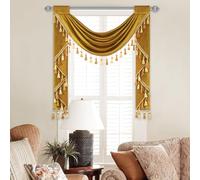VOGOL Light Filtering Waterfall Curtains Valance, Super Soft Thick Fabric Swag Valances for Bedroom, Rod Pocket Top, 39 Inches Wide Decorative Drapery with Tassels, 1 Panel, Gold