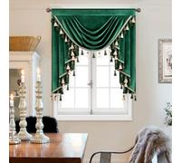 VOGOL Light Filtering Waterfall Valance, 100cm Wide Thermal Insulted Swag Valances with Handmade Tassels, Super Soft Velvet Waterfall Curtain for Living Room, Dark Green, 1 Panel