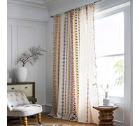 VOGOL Linen Textured Boho Curtains, Semi Blackout Geo Pattern Window Treatment with Pom Pom, Colorful Rod Pocket Drapes for Living Room Sliding Door, 52 x 84, 1 Panel