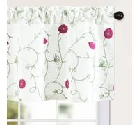 VOGOL Red Floral Embroidered Window Valance, Farmhouse Botanical Linen Textured Short Curtain for Kitchen Bedroom Living Room, Light Filtering Durable Washable Window Decor, 137x49cm, 1 Panel