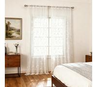 VOGOL White Net Curtains 84 Inch Drop for Bedroom, Voile Leaves Embroidered Curtains for Living Room, Airy Lightweight Rod Pocket Botanical Drapes, 132 x 215 cm, Set of 2