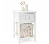 VOGREX 1pcs Bedside Table with Drawer Wicker Basket Assembled Shabby in White VOGREX White