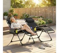 VOGREX Chairs Set of 2, Folding Sunloungers with Cup Holder Black VOGREX Black