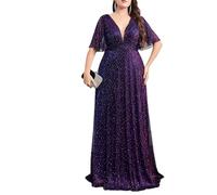 Vogrtcc Wedding Bridesmaid Dress for Plus Size Short Sleeve Glitter Party Dresses Purple
