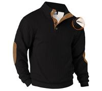 VOGSTART Man Casual Western Shirts Long Sleeve Cozy Pullover Quarter Thick Ribbed Corduroy Winter Stand Collar Fluff Heavyweight Classic Warm Color Block Elbow Patches Sweater Black - Waffle M