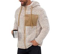 VOGSTART Men Lightweight Hooded Jacket Sherpa Fleece Zip-Up Hoodie Coat with Colorblock Pocket Casual Style Warm Fluffy Outerwear for Fall Season Brown S