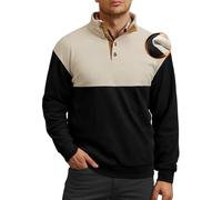 VOGSTART Men's Work Athletic Sweatshirt Button Vintage Shirts Quarter Thermal Winter Elbow Patches Casual Stand Up Collar Pullover Khaki & Black L