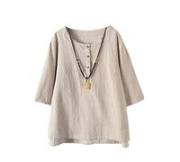 Vogstyle Women's New Cotton Linen Tunic Tee Shirt Jacquard Tops Apricot L