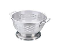 Vogue Colander Aluminium - 350mm 14" | Speeds up food prep with a 1.5mm staggered hole layout that drains 50% faster, while the stable ring base prevents tipping.