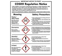 Vogue COSHH Vinyl Regulations Self-adhesive Sign L903 | Displays four key COSHH classifications for safety awareness; quick mount on kitchen doors or walls with sticky backing.