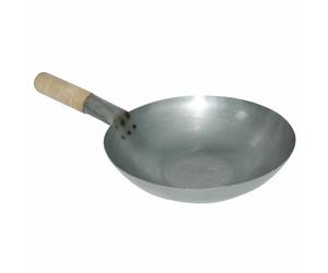 Vogue Mild Steel Wok Pan with Wooden Handle and Flat Base Easy to Clean - 14in