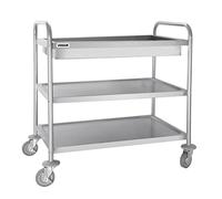 Vogue Stainless Steel 3 Tier Deep Tray Clearing Trolley, 940x855x535mm | Lipped shelves prevent plate spills during busy service, while robust casters ensure effortless, smooth transport.