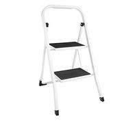 Vogue Steel Folding Step Stool 2 Tread F018, White & Black, 250 mm | Folds away flat for compact storage; features a slip-resistant tread and feet for maximum safety on hard floors.