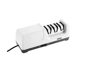 Vogue Three Stage Electric Knife Sharpener, White | Quickly restores blunt straight and serrated blades, with a removable magnetic filing drawer for fast, easy cleaning.
