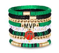 VOGUEKNOCK 9 Pack Basketball Bracelets Stack Basketball Friendship Bracelets Heishi Beaded Stretch Bracelets Basketball Game Day MVP Sports Fan Bracelets Jewelry Gifts, One Size, Vinyl, no gemstone