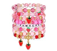 VOGUEKNOCK Strawberry Bracelet for Women Crystal Heishi Beaded Stretchy Bracelet Stackable Strawberry Cake Friendship Bracelets Party Favors Accessories, M, Bead, no gemstone