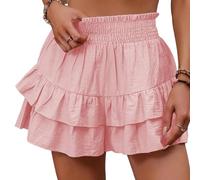 Vogueria Boho Ruffle Skorts, Women's Frill Trim Ruffle Hem Shirred High Waist Shorts, Short Ruffle Flowy Skirt (UK, Alpha, L, Regular, Regular, Pink)