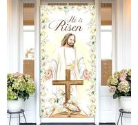 Vohado He is Risen Door Cover Christian Cross Jesus Resurrection Easter Party Decoration Spring School Church Front Porch Sign Decor