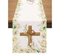 Vohado He is Risen Table Runner Christian Cross Resurrection Easter Decoration Spring Floral Dining Room Home Kitchen Table Decor