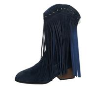 vohiko Women's High Heel Mid Calf Boots, Western Low Heel Wide Calf Cowboy Shoes, Women’s Riveted Belt Pull On Fringed Boots, Comfortable Suitable for Western Cowgirl Everyday Outfits Year-round